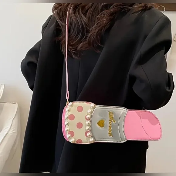 Pink and White Sweet Lipstick Handbag with Pearl Accents - Picture 2 of 3